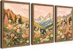 MUWAK Framed Mountain Landscape Canvas Wall Art Set of 3 – Rustic Wildflower and Sunset Nature Prints, Boho Floral Artwork Wall Decor with Wooden Frame for Living Room Bedroom Home Decor – 12x16in
