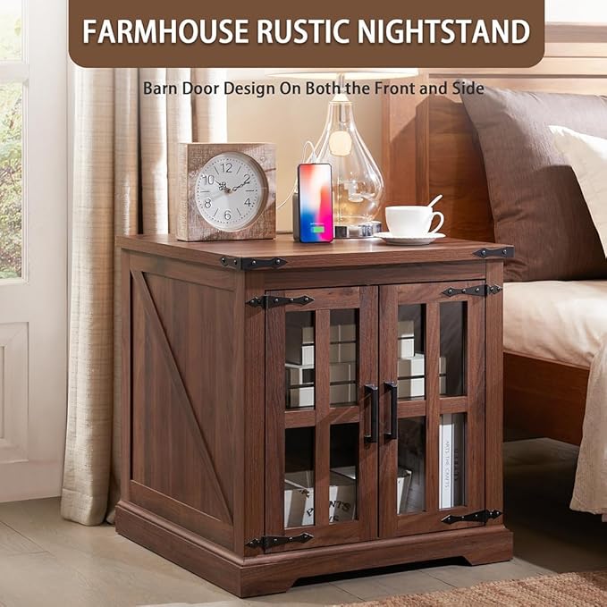 Farmhouse End Table with Charging Station,24" Large Sofa Side Table with Glass Barn Door, Rustic Wood Nightstand Bedside Table with Adjustable Storage Shelf for Living Room, Bedroom, Walnut