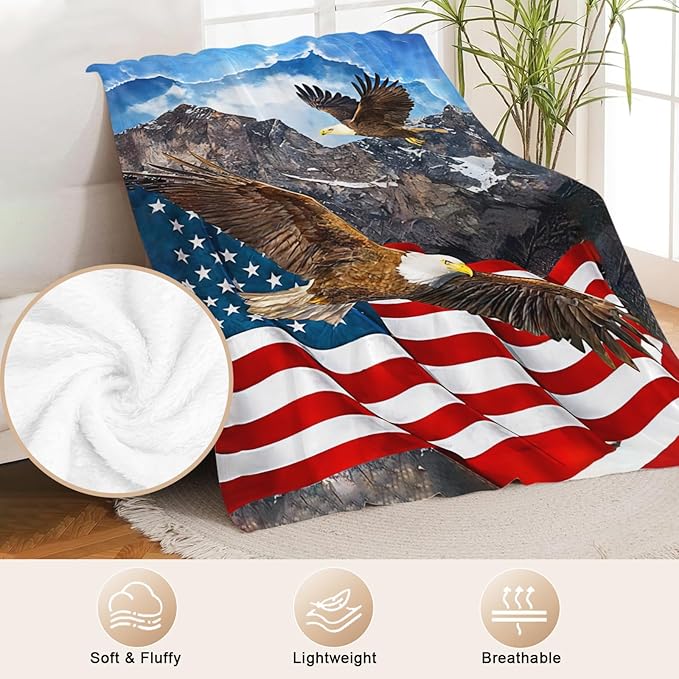 Eagle American Flag Throw Blanket for Boys, Men, Adults, Lovers, Girls, Kids, Women - Soft Warm Plush Fleece Flannel Decor for Couch, Sofa, Bed 60"x80"