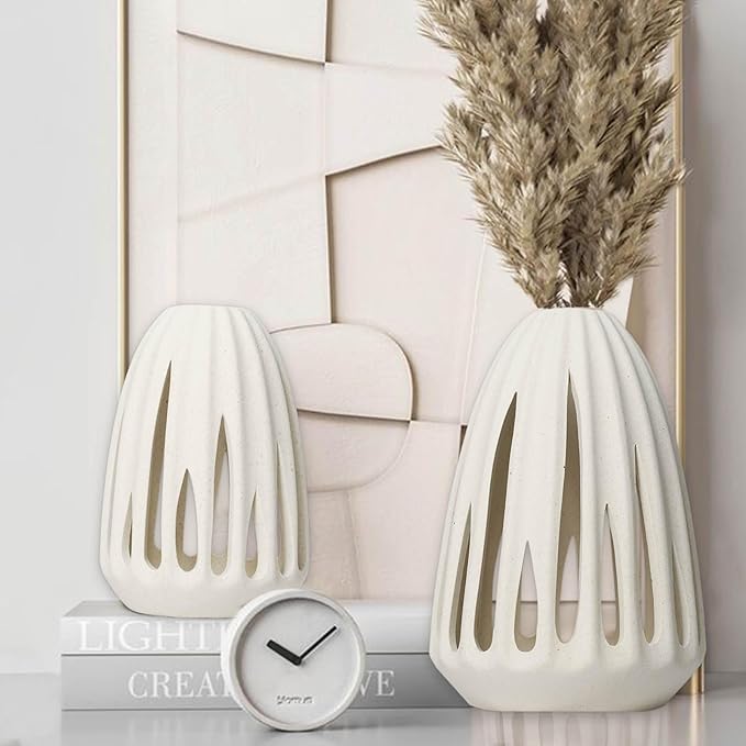 Ceramic Vase - Set of 2 for Home Decor,White Hollow-Out Design Vases Minimalist Nordic Boho Style for Modern Farmhouse Decor, Living Room、 Kitchen、Mantle、Bedroom、Dining Table、Office