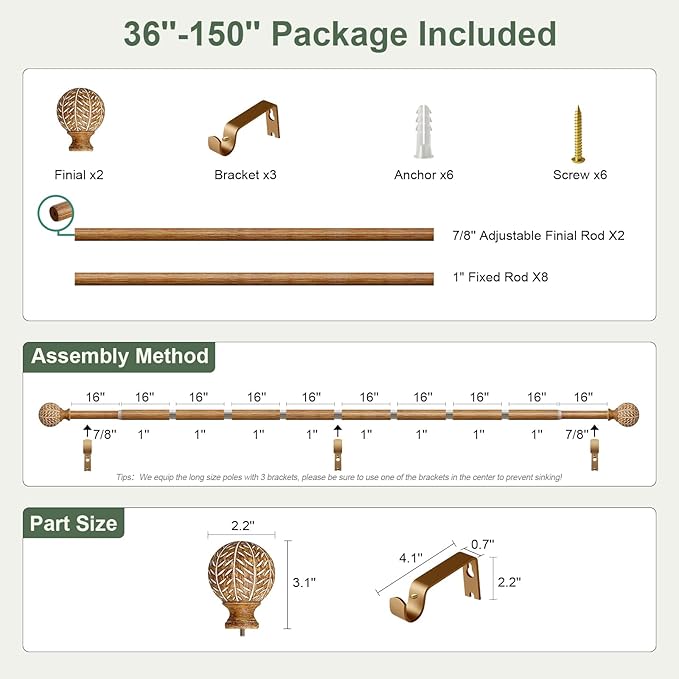 Wood Curtain Rods for Windows 72 to 144 Inch,1'' Diameter Drapery Rods with Imitation Wood Grain Leaf Pattern Finials,Boho Adjustable Heavy Duty Curtain Rods Set,36-150'',Color:Natural Wood