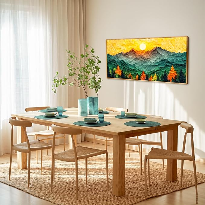 Abstract Sun Mountain Framed Canvas Wall Art Set, Forest Pine Tree Golden Sunset Wall Decor, Mixed Patchwork Landscape Art Print for Living Room, Bedroom, Dining Room, Office - 20"x40"