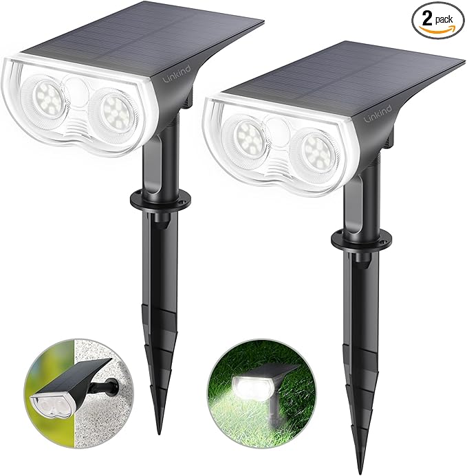 Linkind Solar Lights Outdoor Waterproof IP67, StarRay Dusk-to-Dawn Outdoor Solar Lights, 3 Lighting Modes Solar Spot Lights Outdoor for Garden, Yard, Landscape (Daylight, 2 Pack)