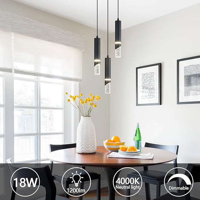 Modern Dimmable Led Pendant Lights Kitchen Island, Ideal for Living Room, Bedroom,Sink 18w LED Crystal Energy-Saving Hanging Lamp for Cozy Lighting (Black 3 Light)