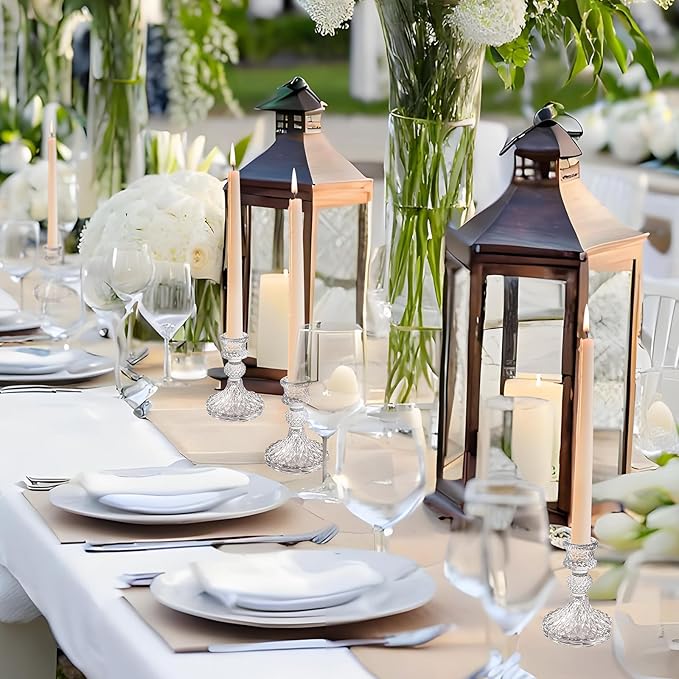 Glass Candlestick Holder,Striped Taper Candle Holders,Set of 6 Candle Stand for Table Centerpieces, Home Decor,Weddings,Festival and Parties (Clear Dimond Pattern)