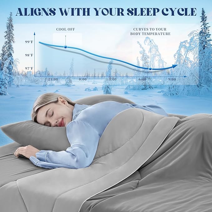 Cooling Comforter Queen Size, Double-Sided Cooling Blanket for Hot Sleepers & Night Sweats, Arc-Chill Q-Max > 0.4 Breathable Ice Blanket, Lightweight Cold Comforter (80''x90'', Light Grey)