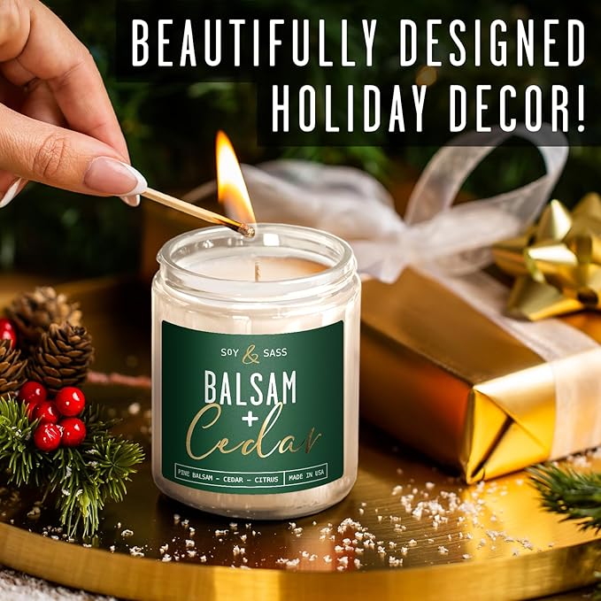 Balsam Candle, Christmas Candles Scented - 'Balsam + Cedar' Soy Candle, w/Balsam Fir, Cedar & Citrus - Infused with Essential Oils I Balsam Fir Candles I 9oz, 50Hr, Made in USA