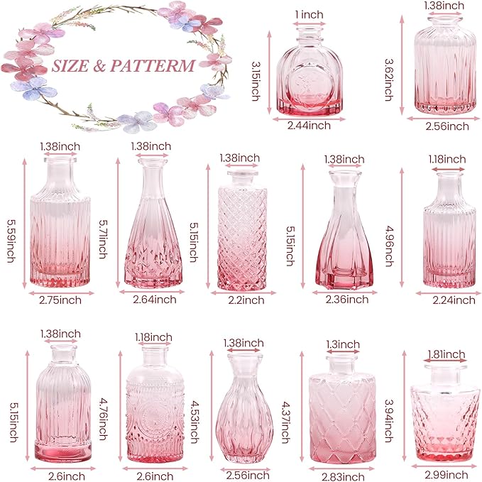 Pink Glass Bud Vases Set of 12, Mini Flower Vase for Centerpieces, Small Vases in Bulk for Wedding Decorations, Vintage Vase for Table, Home Décor