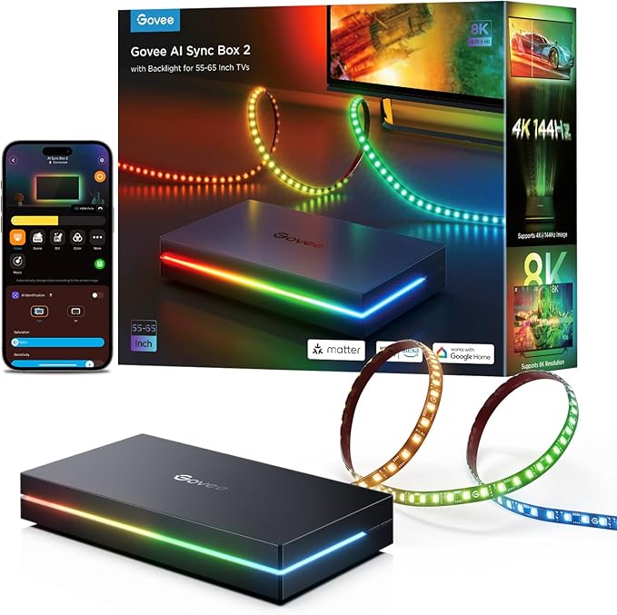 Govee HDMI 2.1 Sync Box 2, AI Sync Box with TV Backlight, Supports 8K@60Hz, 4K@144Hz, VRR and ALLM, Works with Matter and Alexa, RGBIC LED Light Strip for 55-65 inch TVs, 75 LEDs/m