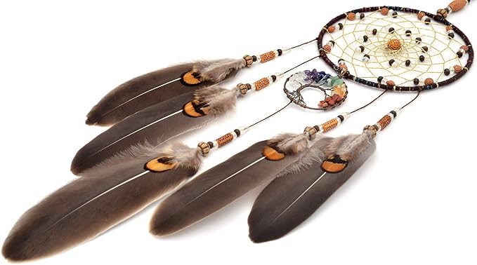 Urdeoms Tree of Life Dream Catchers for Bedroom Adult Brown Boho Dream Catcher Wall Decor for Girls Chakra Crystal Healing Stones Hanging Ornament Room Decoration 18" Length(NO.12)