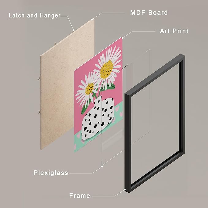 SIGNWIN Framed I'm a Barbie Girl in The Barbie World Wall Art, Set of 4 Heart, Chrysanthemum Illustration Wall Decor Prints, Preppy Room Decor Wall Décor for Living Room, Bedroom - 12"x16" Black