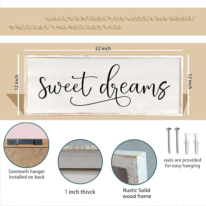 comurdyo Sweet Dreams Wall Decor Above Bed Sign 32" x 12" Master Bedroom Wooden Antique Framed Large Rustic Farmhouse Guest Room Beautiful Simple Hanging Plaque Over Bed Wall Art (White)