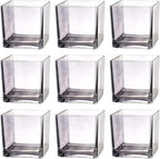 Square Glass Vases Set of 9, 4"x 4"x 4" Flower Vases for Centerpieces, Grey Glass Vase for Flowers, Small Vase for Wedding, Party, Home Office Decoration