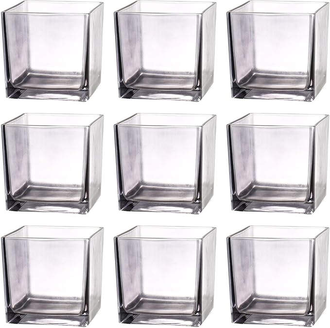 Square Glass Vases Set of 9, 4"x 4"x 4" Flower Vases for Centerpieces, Grey Glass Vase for Flowers, Small Vase for Wedding, Party, Home Office Decoration