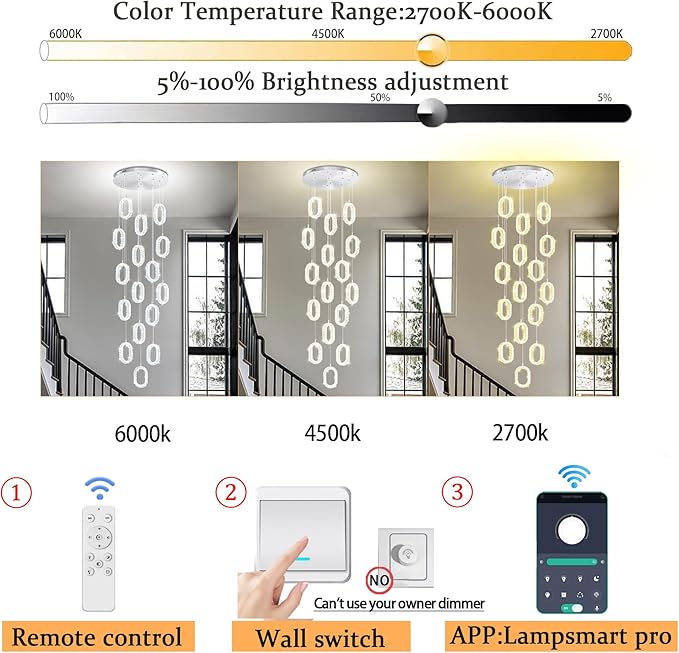 Large Crystal Chandeliers for Stairs Long Spiral Chandeliers for High Ceilings LED Crystal Ring Chandelier Dimmable 2700K-6000K 16-Light Silver