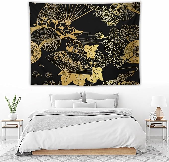 HZOHNAGO Japanese Tapestry Gold Flowers Umbrella Fan Pattern Printed Wall Tapestry Painting Wall Hanging for Bedroom Living Room Dorm 80" W x 60" H