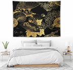 HZOHNAGO Japanese Tapestry Gold Flowers Umbrella Fan Pattern Printed Wall Tapestry Painting Wall Hanging for Bedroom Living Room Dorm 80" W x 60" H