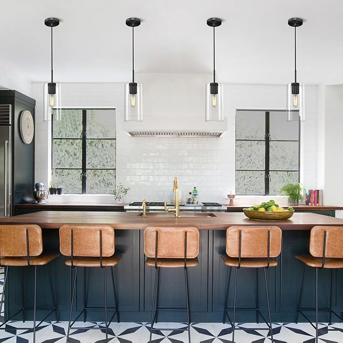 Modern Black Pendant Lights Kitchen Island 2 Pack Glass Pendant Light, 9.5in Farmhouse Clear Glass Cylinder Pendant Light Kitchen Pendant Lighting Over Island for Sink, Bathroom, Bar,Dining
