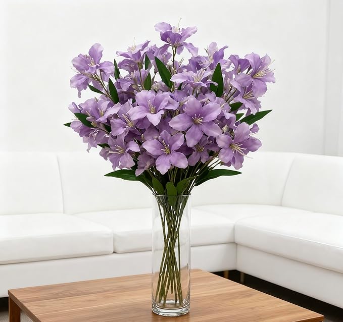 10-Bud Artificial Lily Flowers, 4 Pcs Fake Outdoor Flowers, UV Resistant Faux Flowers for Outdoor Planters, Silk Flowers for Wedding Decoration (Purple)