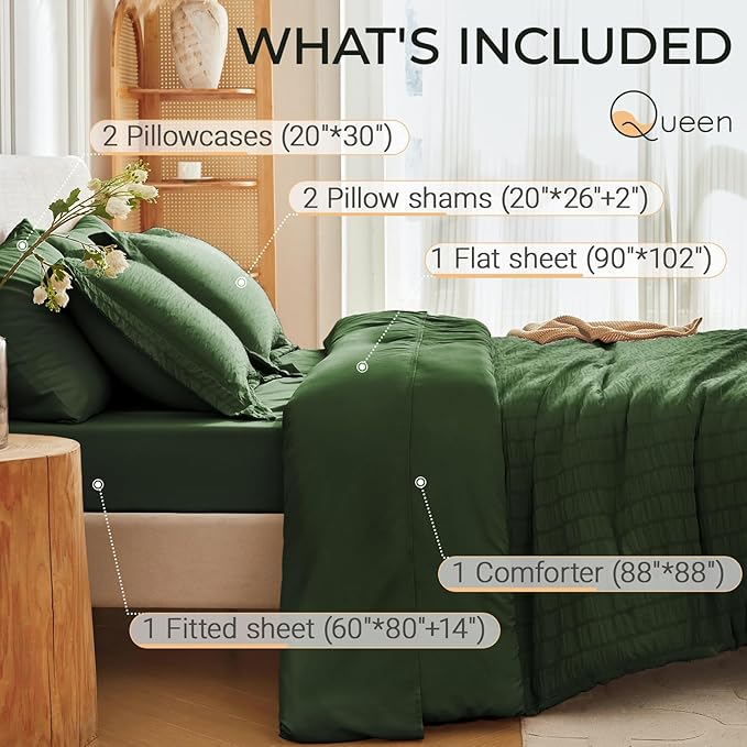MUXHOMO 7 Pieces Queen Comforter Set, Seersucker Bed in a Bag Queen Size, All Season Luxury Bedding Set with Comforter, Flat Sheet, Fitted Sheet, Pillowcases & Shams, Dark Green