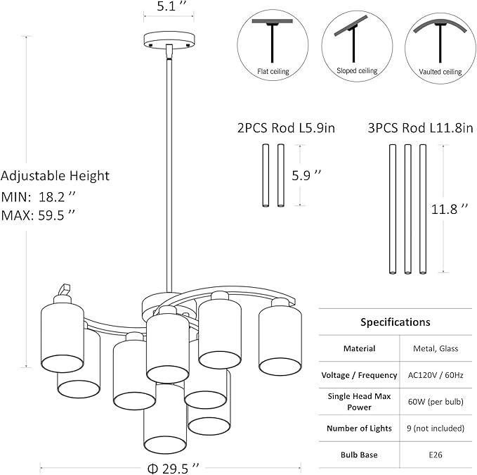 9-Light Gold Glass Chandelier, Adjustable Height Dining Room Light Fixtures Over Table, Contemporary Hanging Chandelier for Kitchen Island Living Room Foyer Office, Clear Glass Shade