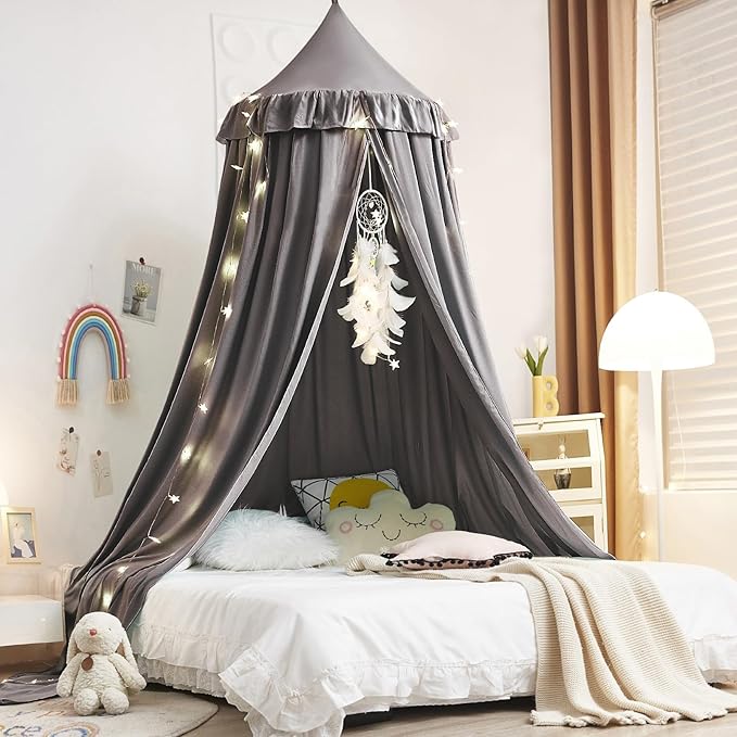 Kertnic Decor Canopy for Kids Bed, Soft Smooth Playing Tent Canopy Girls Room Decoration Princess Castle, Dreamy Mosquito Net Bedding, Children Reading Nook Canopies in Home (Gray)