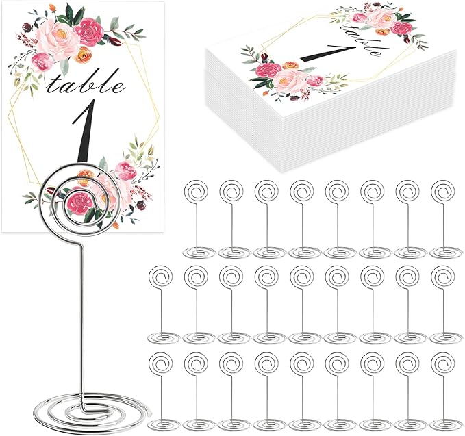26 PCS Table Number Holder - Table Card Holder Stand Wire Photo Holder with 26 Pcs Floral Table Number Cards, Place Card Holder Stand for Weddings Party Office Paper Memo Menu Note Clips
