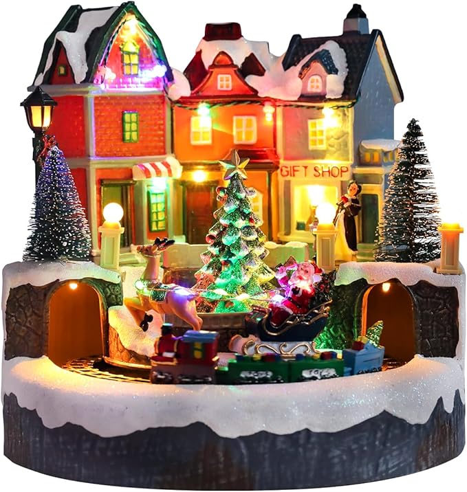 Bdor Christmas Village House with Rotating Train – Lighted Musical Xmas Tabletop Decoration with Santa Sleigh & LED Lights – Electric or Battery Operated Christmas Scene Décor, 9"x9"x9"
