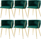 Nrizc Woven Dining Chairs Set of 6, Velvet Upholstered Dining Chairs with Gold Metal Legs, Modern Accent Chairs for Living Room, Dining Room, Kitchen (Green)