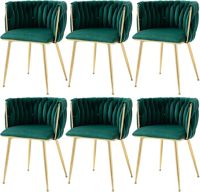 Nrizc Woven Dining Chairs Set of 6, Velvet Upholstered Dining Chairs with Gold Metal Legs, Modern Accent Chairs for Living Room, Dining Room, Kitchen (Green)