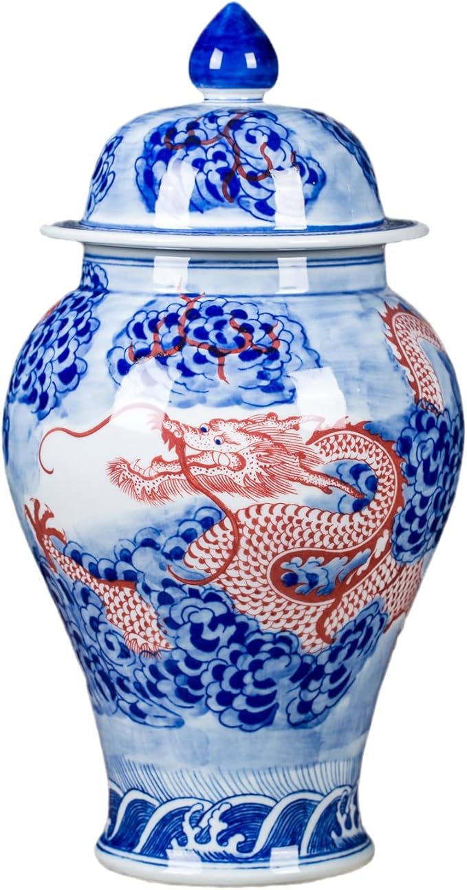 Chinese Ceramic Jar Ginger Jars with Lids for Home Décor Hand Painted Dragon Blue and White Porcelain Underglazed Red Vase Ornaments from Jingdezhen