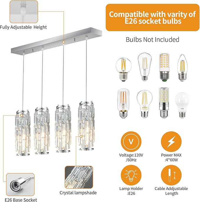 LMQNINE 4 Light Chrome Pendant Lighting Modern Pendant Light, Mini Crystal Chandeliers,Adjustable Pendant Light Fixture for Kitchen Island Dinning Room Bedroom(Chrome 4-Light)