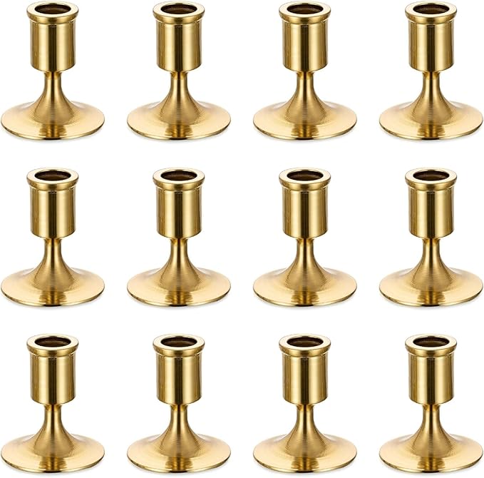 Romadedi Gold Candlestick Candle Holders for Taper, 12 PCS Gold Brass Color Candle Stick Candle Holder for Table Centerpiece, Wedding Reception, Festive Christmas Mantel Decoration or Home Decor