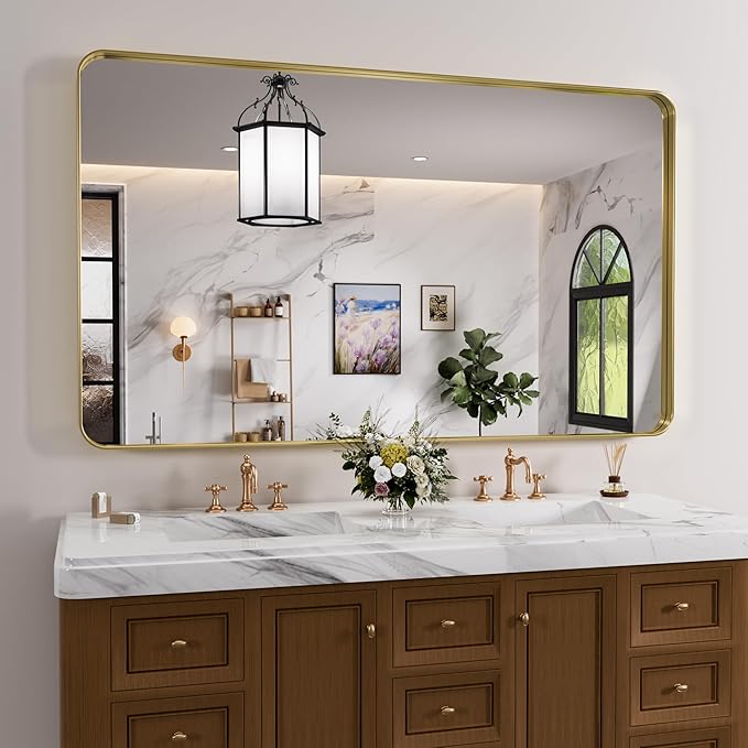 Gold Bathroom Mirror, 55x30 Inch Brushed Gold Metal Frame Mirror for Wall, Rounded Rectangle Bathroom Vanity Mirror, Tempered Glass, Anti-Rust, Horizontal/Vertical