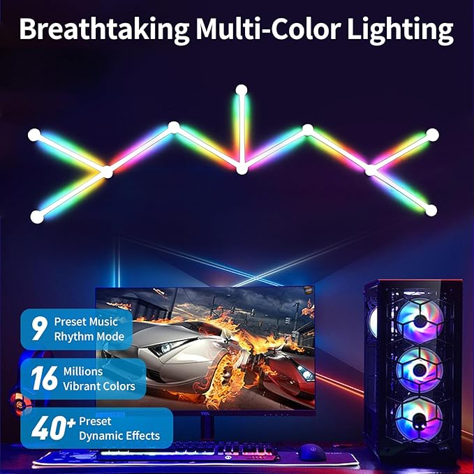 RGB Wall Light, LED DIY Geometry Splicing Gaming Lights, Backlit Modular Wi-Fi Colour Changing Home Decor Lights Work with Alexa and Google Assistant for Game Room, Bedroom (9 Lines, White)