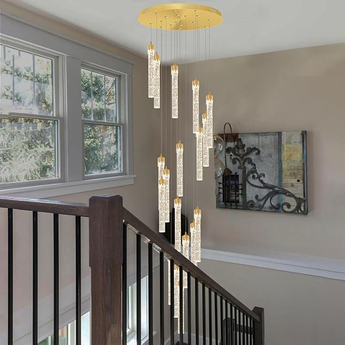 H125'' Modern Crystal Chandeliers for Entryway 18-Lights LED Dimmable Chandeliers Lighting Fixture Large Pendant Light for Staircaes Living Room Villa
