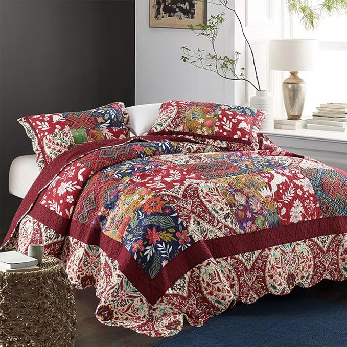 ENASAL Cotton Bedspread Quilt Sets Reversible Bedding Coverlet Sets Comforters Vintage Luxury Damask Floral Real Patchwork Burgundy Bedspread,King Size