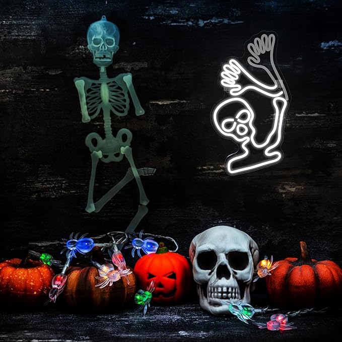 WLHOPE Skull Neon Signs - White LED Skeleton Skull Signs for Wall Decor, Halloween Decor, USB Waving Ghost Neon Light Up Signs for Bedroom, Kid's Room, Bar, Club, Shops, Party Decoration