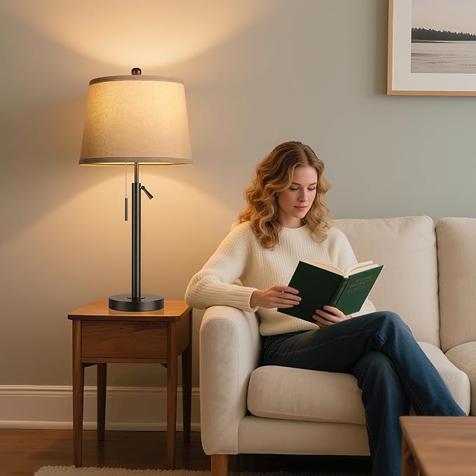 PARTPHONER Bedside Lamps Set of 2, Tall Table Lamps for Living Room, Height Adjustable Nightstand Lamps for Bedroom Office, Modern End Table Lamps with Pull Chain(LED Bulbs Included), Black