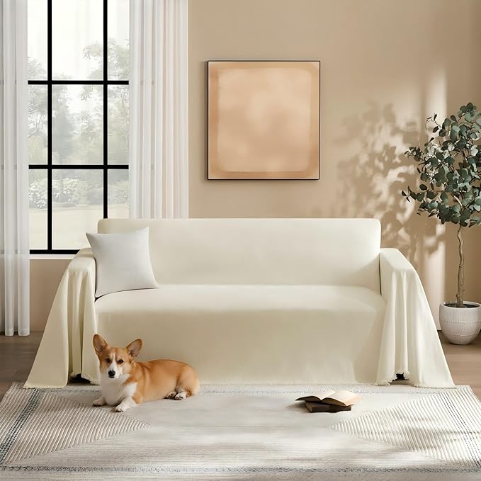 Couch Cover for Dogs Sectional Sofa Covers Washable for 2 Cushion Couch, Chenille Couch Cover Blanket, Sectional Sofa Slipcovers, Multi-Use Furniture Protector for Kids, Pets, 91" X134", Beige