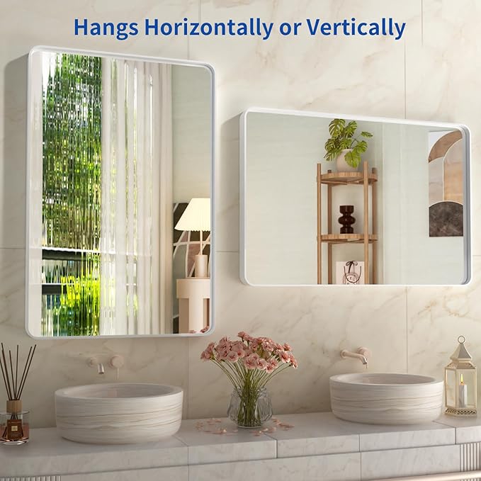 WEER White Bathroom Mirror 28X36 Inch, Rounded Rectangle White Metal Frame Mirror, Matte White Bathroom Vanity Mirror with Tempered Glass, Anti-Rust, Hangs Horizontally or Vertically