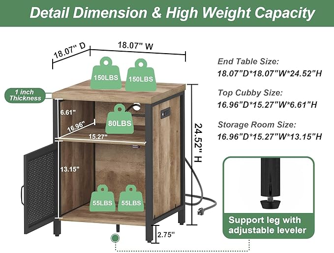 FATORRI End Table with Storage, Rustic Side Table for Living Room, Narrow Wood and Metal Bedside Tables with Door (Rustic Oak)