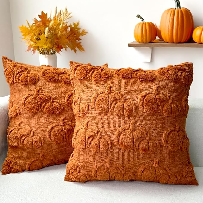 Booque Valley Fall Decorative Pillow Covers Set of 2 Soft Fluffy Faux Fur Wool Pumpkin Throw Pillowcases for Autumn Halloween Farmhouse Home Decor, 18 x 18 inch, Rust