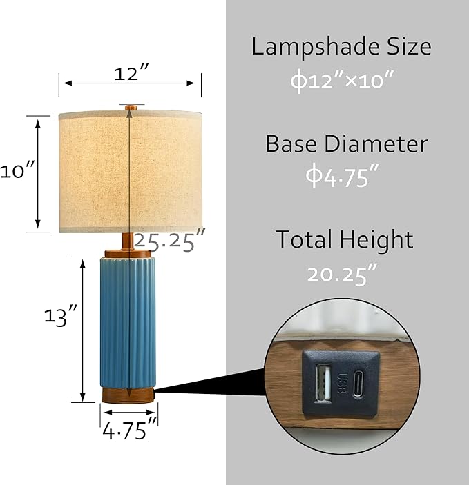 Ceramic Table Lamp Set of 2, 25" Modern Farmhouse Bedside Lamps with Oatmeal Linen Shade & USB A+C Ports, 3-Way Dimmable Nightstand Lamps for Living Room, Bedroom, Dining Room