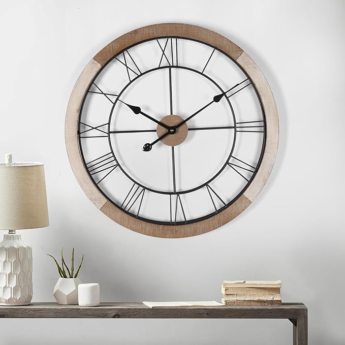 Wall Clock for Living Room Decor, 18'' Big Clock for Office, Rustic Wall Clocks Battery Operated, Distressed White Roman Numeral Clock, Round, Wood