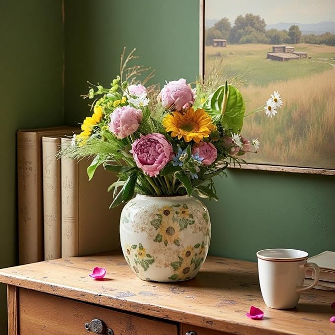 Levvohd Round Pastoral Ceramic Vase, 6.3 Inch Vintage Sunflower Yellow Floral Retro Ice Cracked Rustic Antique Flower Vases for Living Room Home Decor (Large Round)