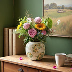 Levvohd Round Pastoral Ceramic Vase, 6.3 Inch Vintage Sunflower Yellow Floral Retro Ice Cracked Rustic Antique Flower Vases for Living Room Home Decor (Large Round)