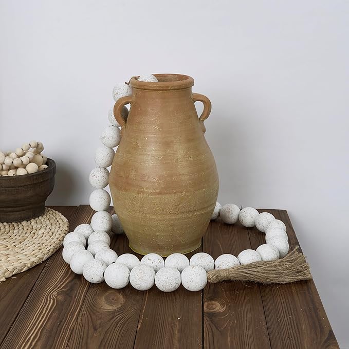 OMISHE 60" Long Extra Large Wood Bead Garland with 1.6" Diameter Wooden Beads and Tassels, Rustic Farmhouse Country Decorative Beads for Home Tiered Tray Decor, Rustic White