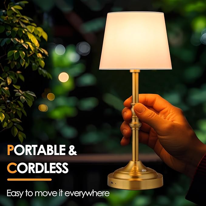 GGOYING Set of 2 Rechargeable Cordless LED Table Lamps, 4-Level Dimmer, Bronze Portable Desk Lamps with White Fabric Shades, Night Light for Dining, Bedroom and Patio