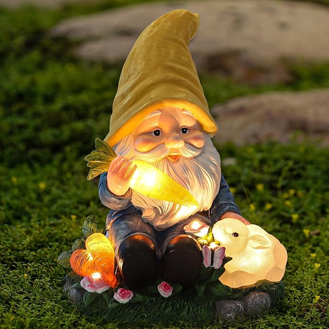 Solar Garden Outdoor Statues Gnome Feeding Rabbit with 6 LED Solar Figurine for Lawn,Patio,Balcony,Yard Decor Unique Housewarming Gift, for Grandfather, Father,Grandma